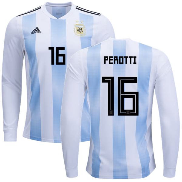 Argentina #16 Perotti Home Long Sleeves Kid Soccer Country Jersey - Click Image to Close